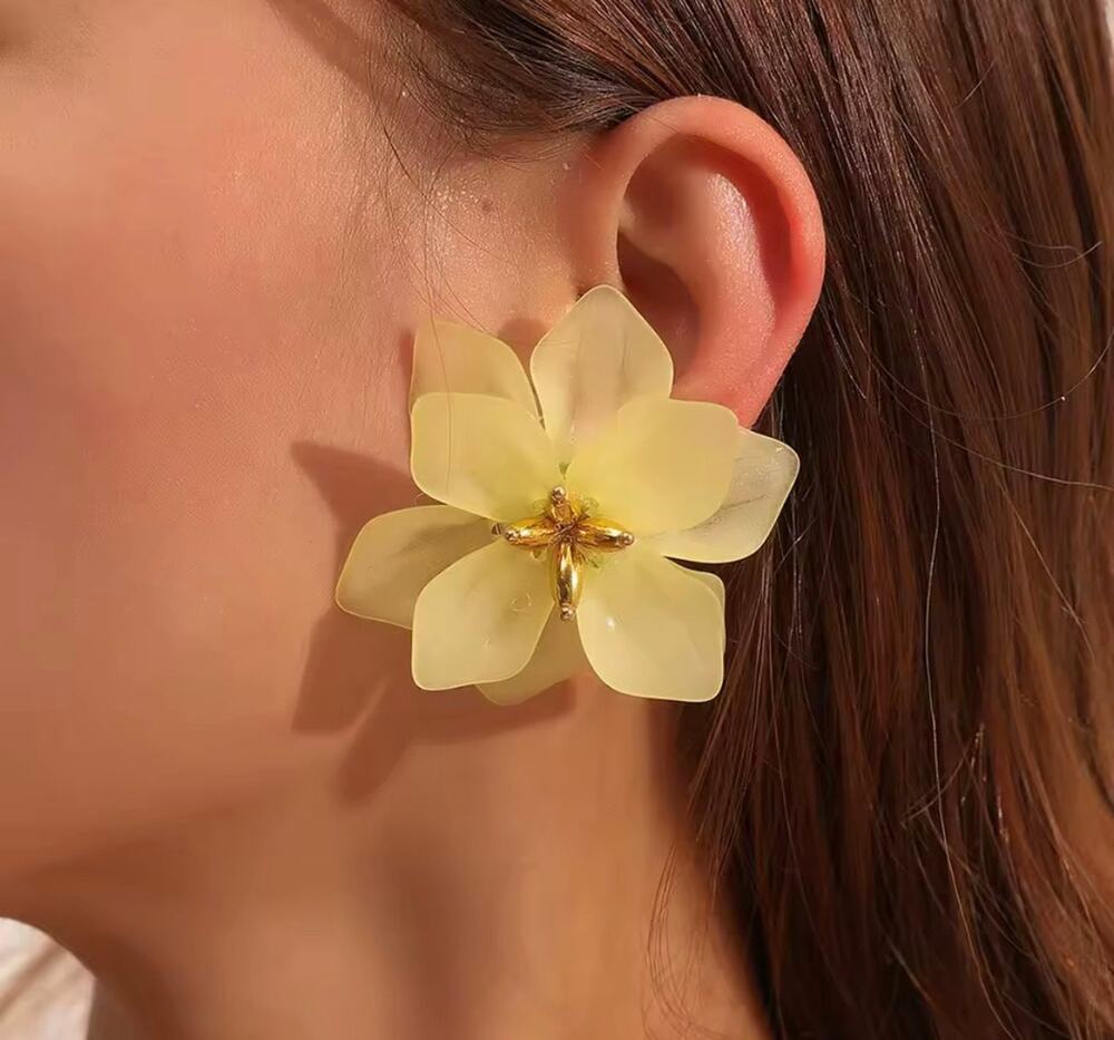 Clip on 2 1/2" XL gold and yellow plastic flower button style earrings